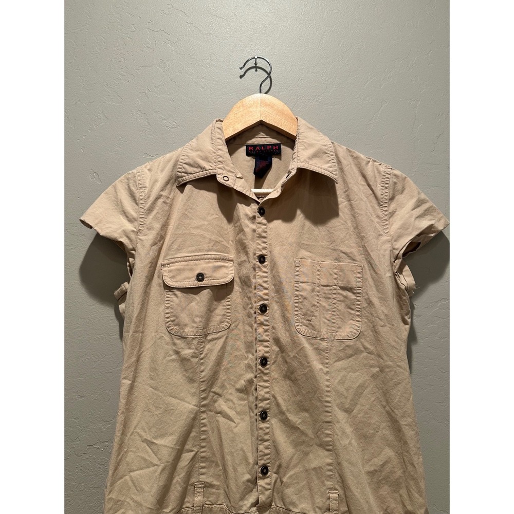 Ralph Lauren Vintage Khaki Safari Shirt Dress Utility Button Front Size 10 Y2K - Picture 4 of 5